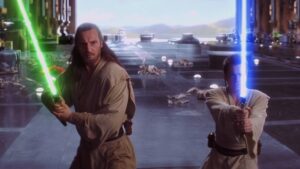 Liam Neeson as Qui-Gon Jinn, and Ewan McGregor as Obi-Wan Kenobi in The Phantom Menace.