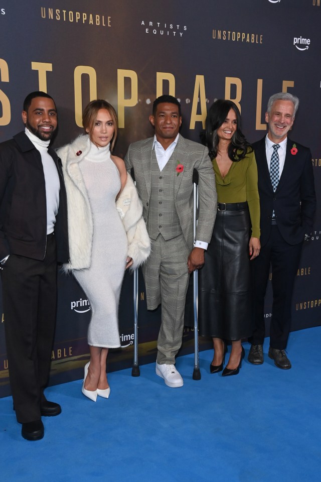 JLo with co-star Jharrel Jerome, (left) and the inspiration behind the movie, Anthony Robles and mum, Judy Robles, and director William Goldenberg