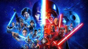 A character poster with every major figure from Star Wars Skywalker Saga