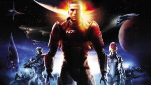 Commander Shepard stands at the center of art for the Mass Effect video game