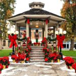 A backlot gazebo with a large nutcracker figurine in its center.