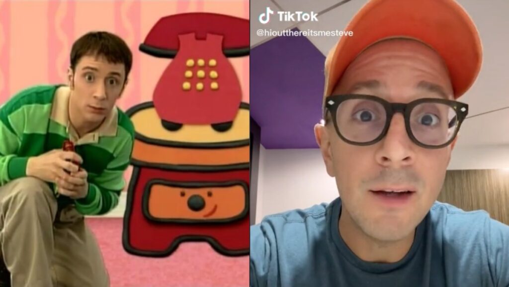 Steve from Blue's clues with a huge phone and Steve from Blue's Clues on TikTok