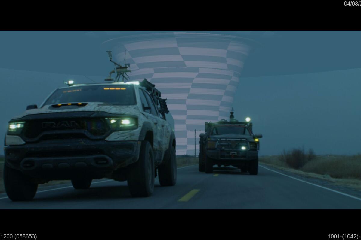 Before-and-after photos showing how the VFX team turned wireframes into stunning CGI shots of realistic tornadoes.