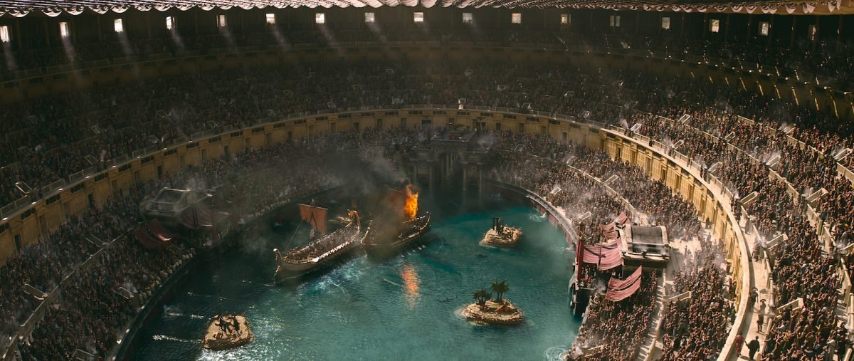 A naval battle inside a flooded Colosseum in Gladiator II