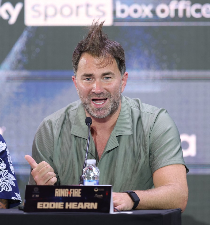 British boxing promoter Eddie Hearn speaks during a press conference in Riyadh, Saudi Arabia in May