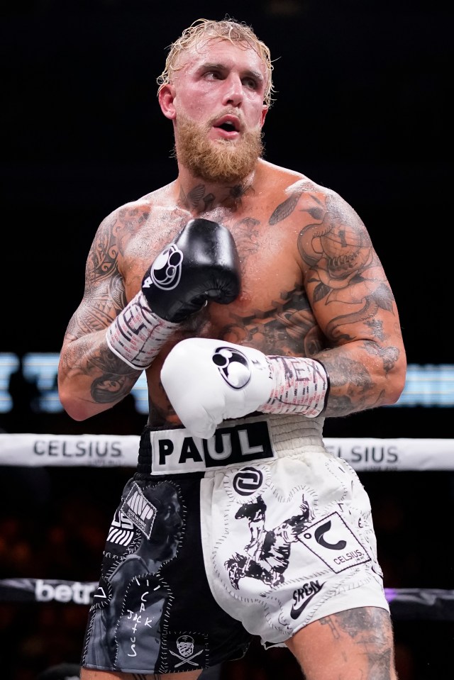 Jake Paul stands in the ring during the fifth round of his fight against Nate Diaz