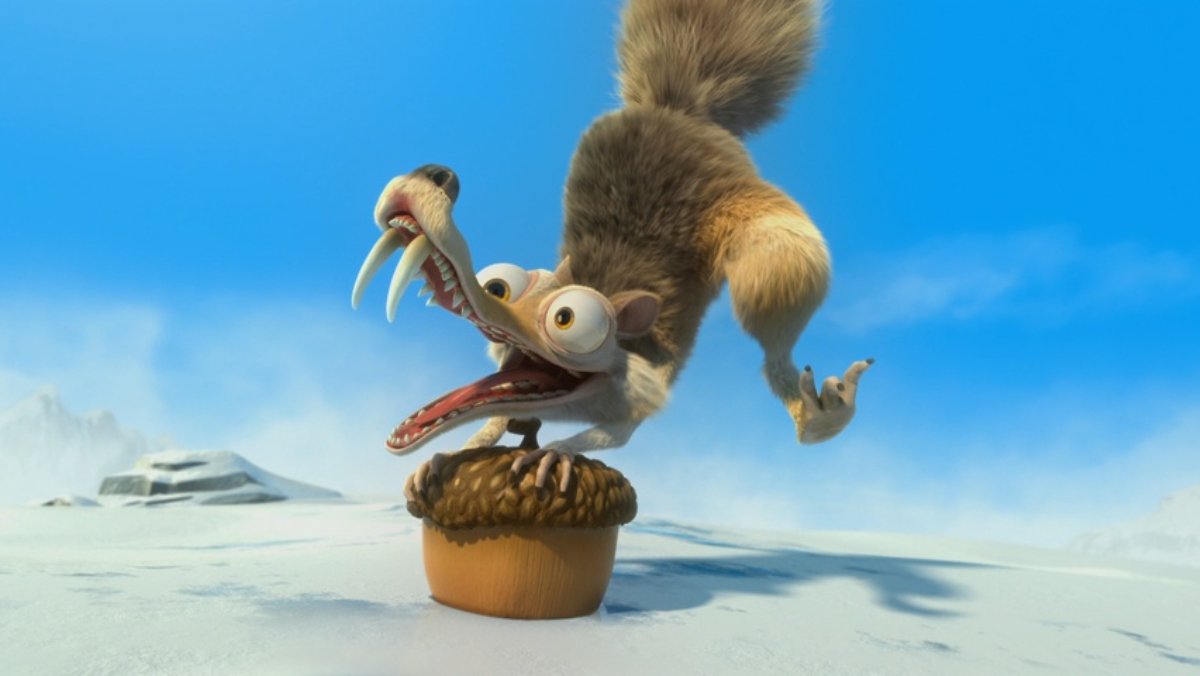 Scrat from Ice Age trying to get an acorn out of the ice.