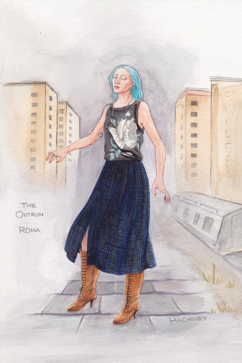 A sketch shows Soairse Ronan in skirt, tall boots and silk tank for her out-of-control life in the city in "The Outrun."