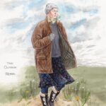 A sketch shows Soairse Ronan wearing a mock fur hat, large barn jacket and wellies for "The Outrun."