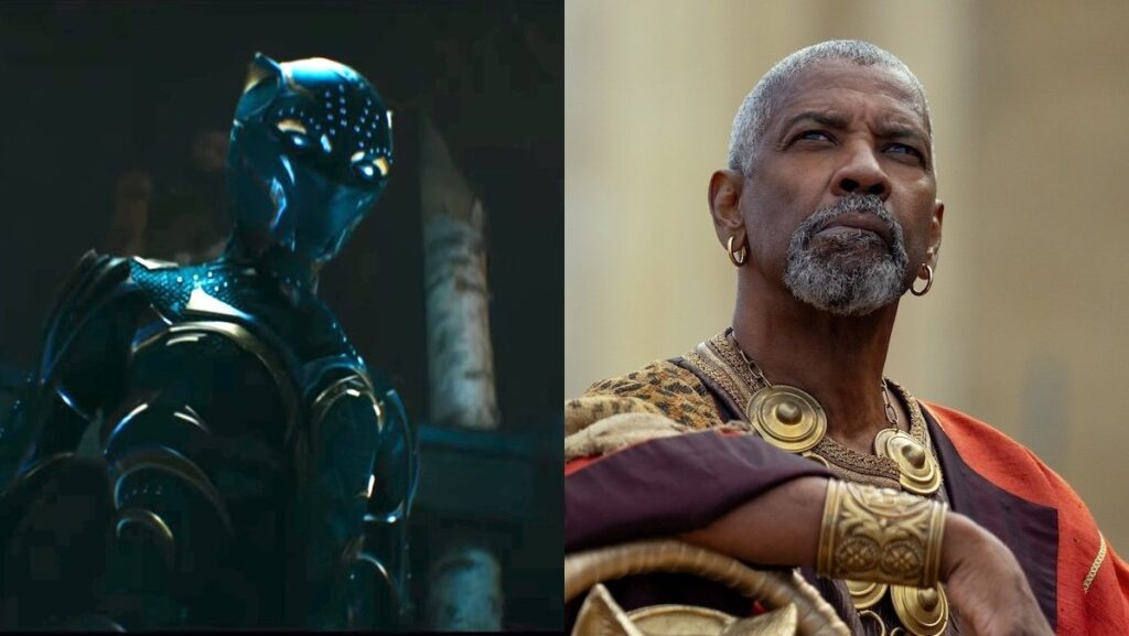 split image of shuri as black panther and denzel in gladiator ii