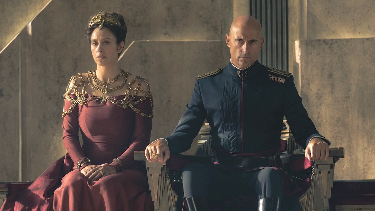 Jodhi May and Mark Strong sit on thrones on Dune: Prophecy