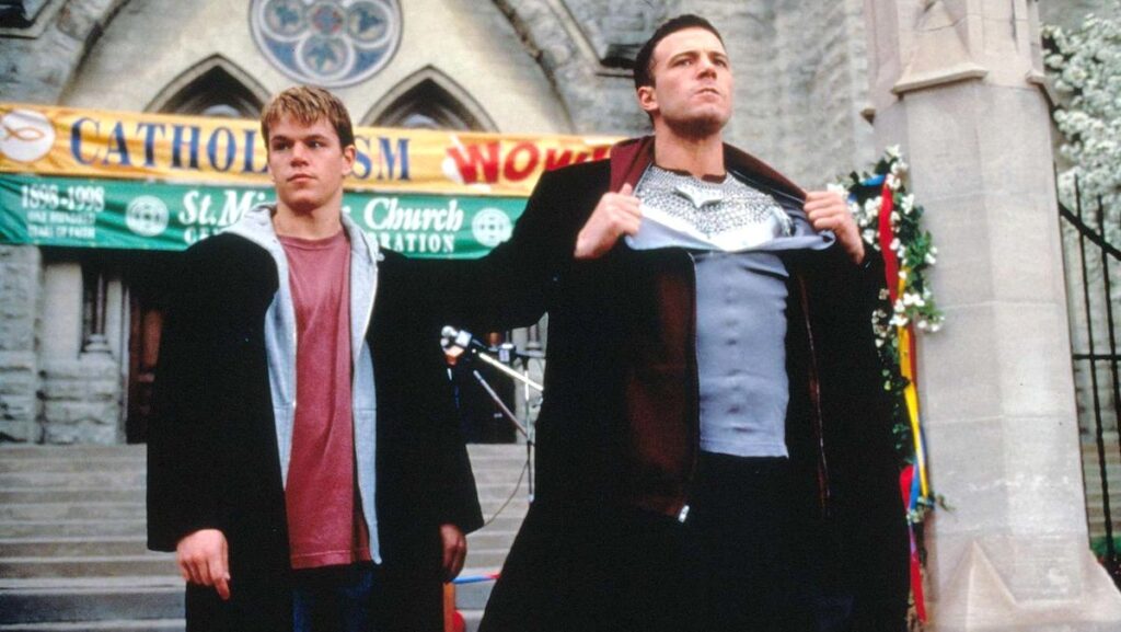 Matt Damon and Ben Affleck outside a church in Dogma