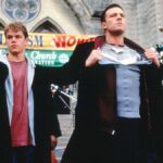 Matt Damon and Ben Affleck outside a church in Dogma