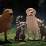 A capybara, a lemur, a dog and a cat looking scared in a scene from the animated movie "Flow."