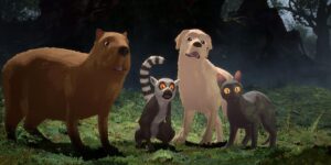 A capybara, a lemur, a dog and a cat looking scared in a scene from the animated movie "Flow."