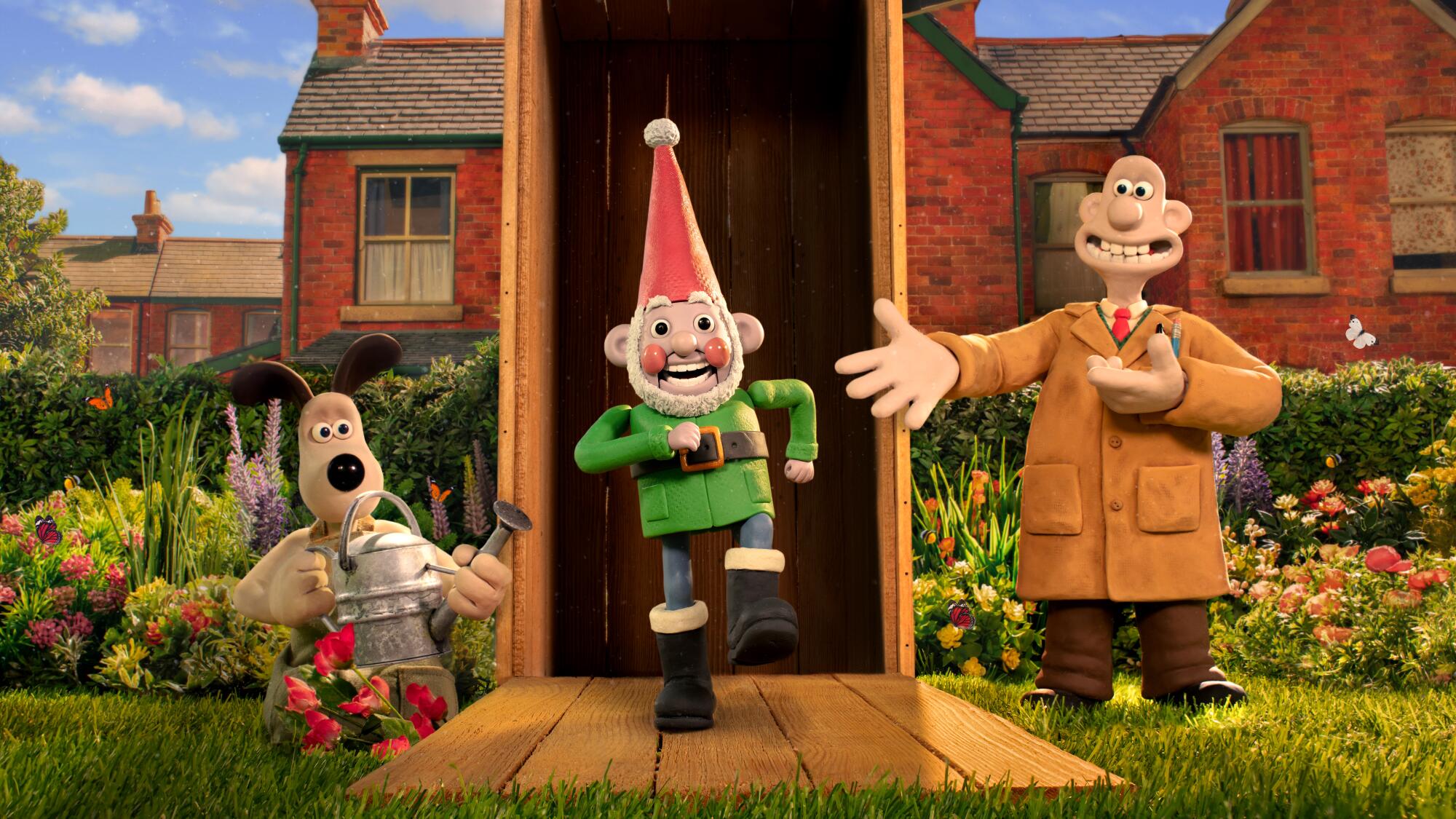 An animated dog and man stand either side of a gnome, which is marching out of a door