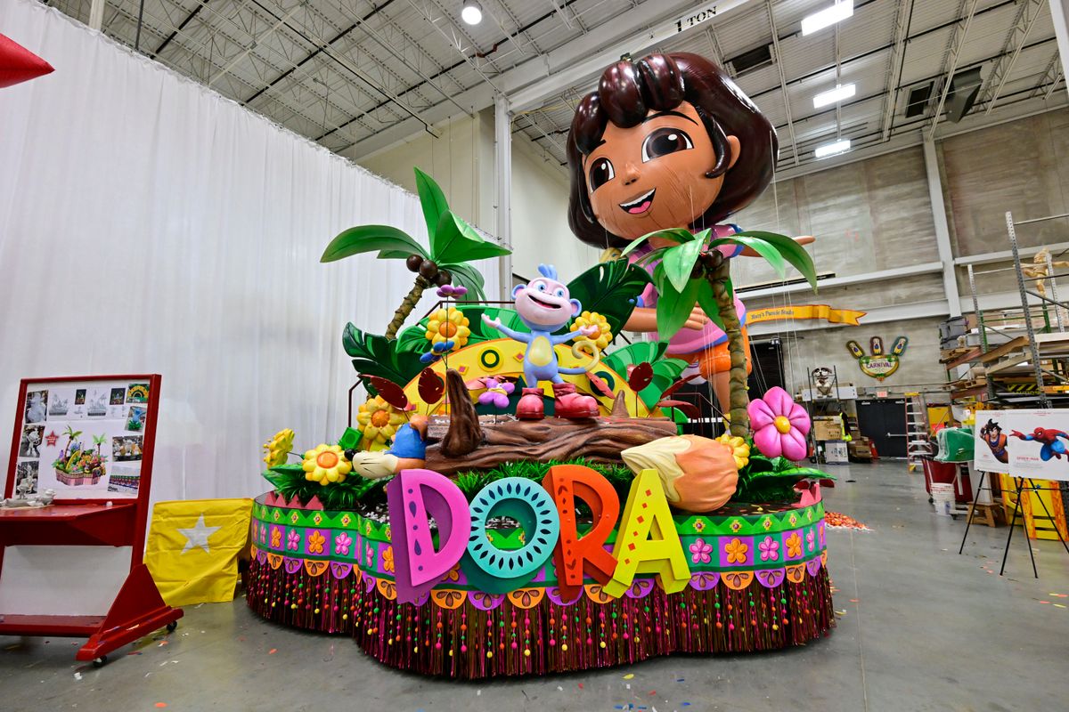 MOONACHIE, NEW JERSEY - NOVEMBER 19: Doraâs Fantastical Rainforest float by Dora-Nickelodeon is seen during the Macy's Thanksgiving Day Parade Studio Day 2024 on November 19, 2024 in Moonachie, New Jersey. Exciting discoveries await Dora & her best friend Boots as shew returns to the Macyâs Parade for the first time in 15 years. Accompanied by her reliable map & back pack, Dora is prepared to navigate the tropical terrain & New York City streets while keeping her eyes & ears peeled for Swiper the mischievous fox. (Photo by Eugene Gologursky/Getty Images for Macy's)