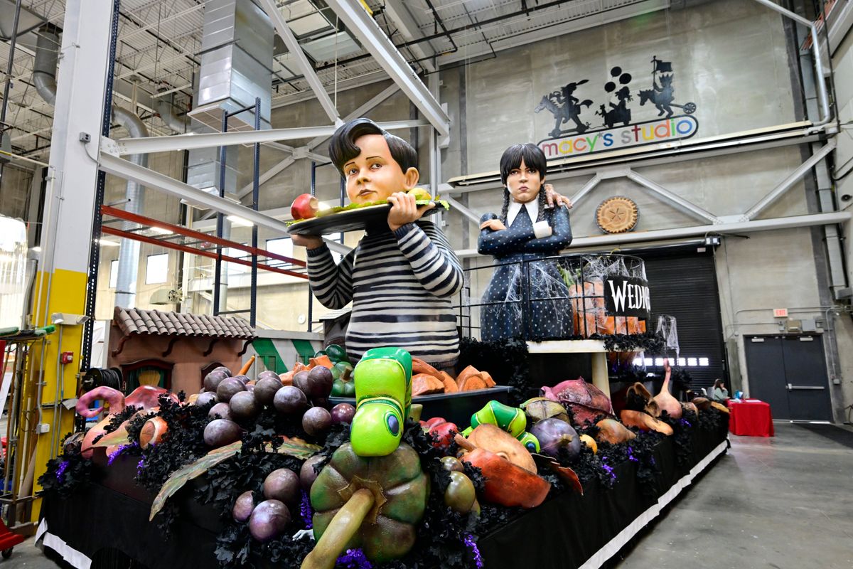 MOONACHIE, NEW JERSEY - NOVEMBER 19: The Wednesdayâs Feast by Netflix is seen during the Macy's Thanksgiving Day Parade Studio Day 2024 on November 19, 2024 in Moonachie, New Jersey. Wednesday hates Thanksgiving. Wednesday hates parades. Itâs going to be a dreadful affair. (Photo by Eugene Gologursky/Getty Images for Macy's)