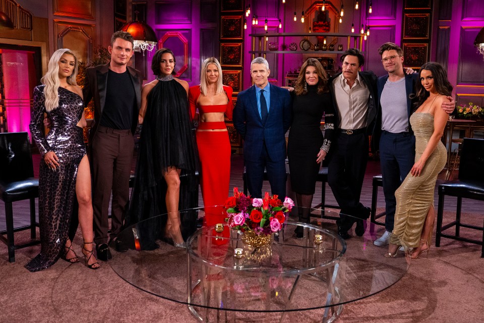 The Vanderpump Rules reunion; Lala Kent, James Kennedy, Katie Maloney, Ariana Madix, Andy Cohen, Lisa Vanderpump, Tom Sandoval, Tom Schwartz,  and Scheana Shay