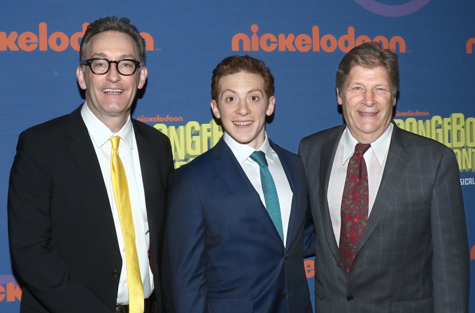 Paley alongside SpongeBob voice actor Tom Kenny and actor Ethan Slater