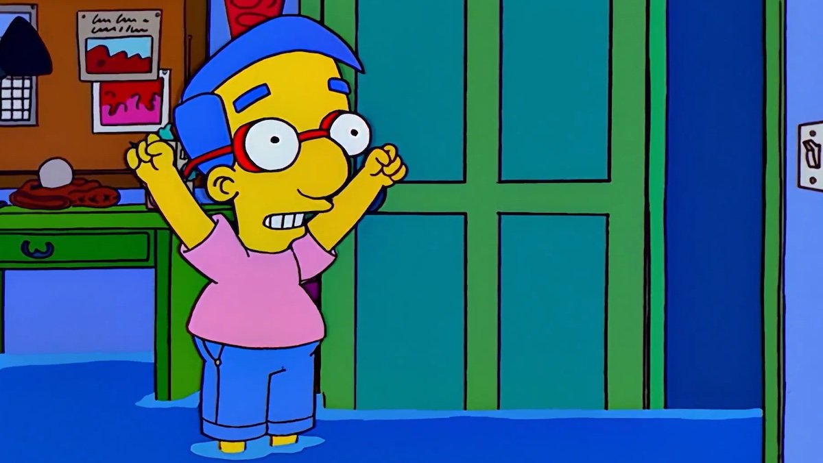 Milhouse in a flooded room with his arms held high on The Simpsons