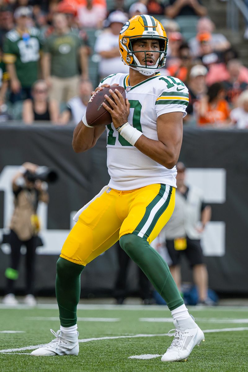 CINCINNATI, OHIO - AUGUST 11: Quarterback Jordan Love #10 of the Green Bay Packers is seen during the game against the Cincinnati Bengals at Paycor Stadium on August 11, 2023 in Cincinnati, Ohio. (Photo by Michael Hickey/Getty Images)