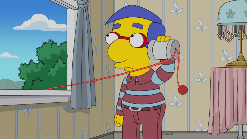 A TV still of "The Simpsons" character Milhouse standing at a window holding a tin can telephone to his ear