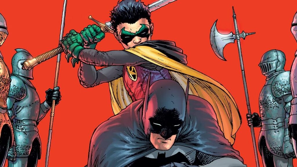 Damian Wayne about to cut off Batman's head in Grant Morrison and Andy Kubert's Batman and Robin comic.