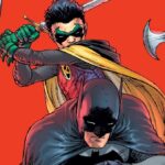 Damian Wayne about to cut off Batman's head in Grant Morrison and Andy Kubert's Batman and Robin comic.