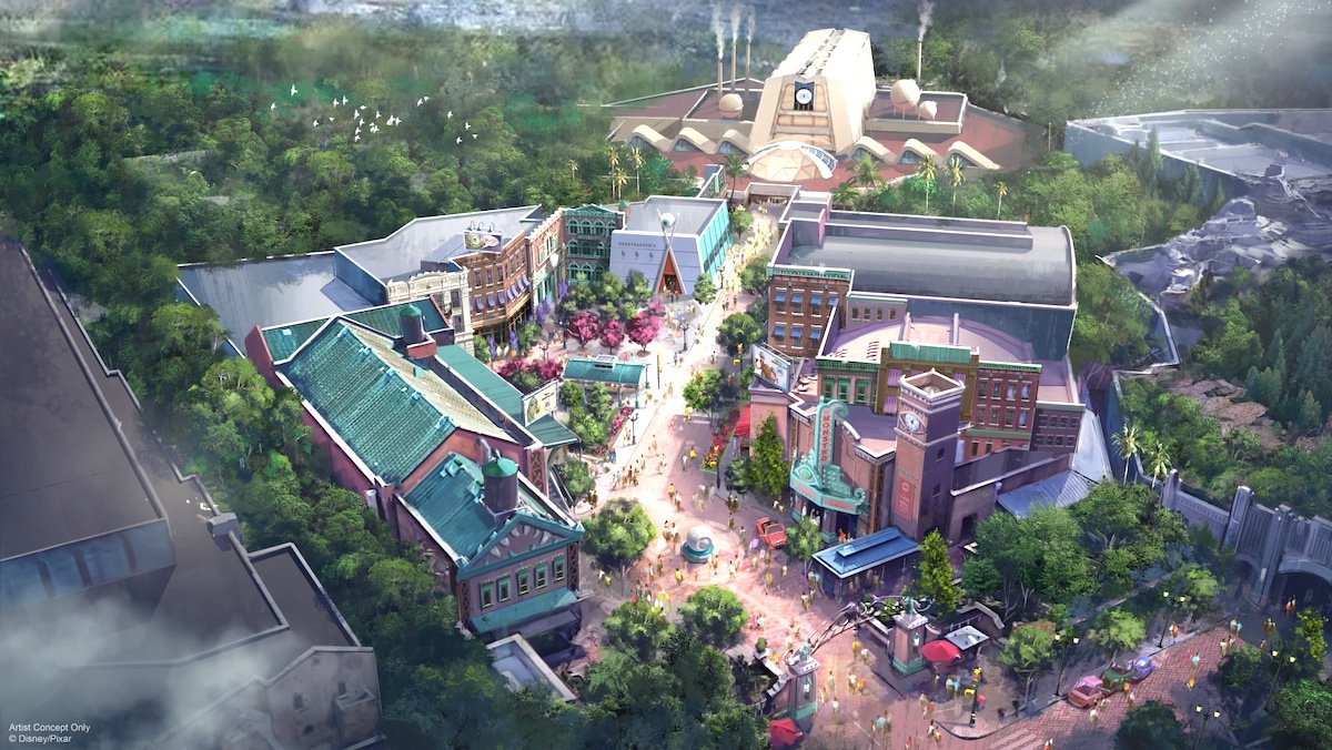 Concept Art for Monsters, Inc. Land at Hollywood Studios seen from high above