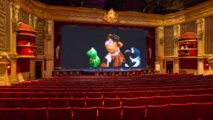 Kermit, Fozzie, and Gonzo onscreen in the Muppet Theater for Muppet* Vision 3D at Hollywood Studios