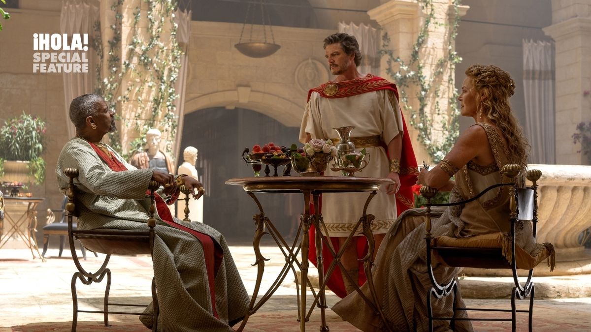 Denzel Washington, Pedro Pascal, and Connie Nielsen in Gladiator II