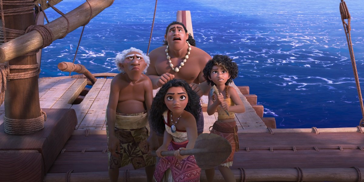 Moana's new Wayfinder crew on the sea in Moana 2.