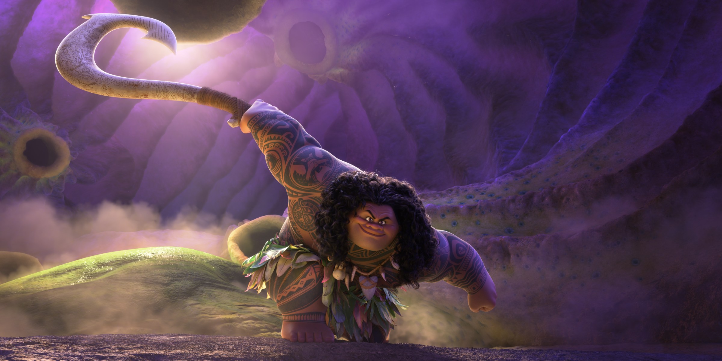 Maui strikes a post with his hook in the belly of a purple beast in Moana 2