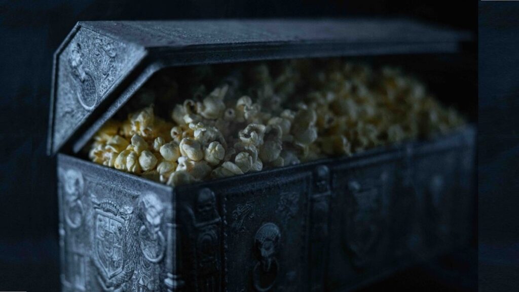 The Nosferatu popcorn bucket with the lid open.