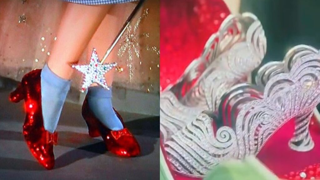 (L) Dorothy's ruby slippers in the Wizard of Oz (R) the silver shoes in Wicked.