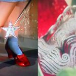 (L) Dorothy's ruby slippers in the Wizard of Oz (R) the silver shoes in Wicked.