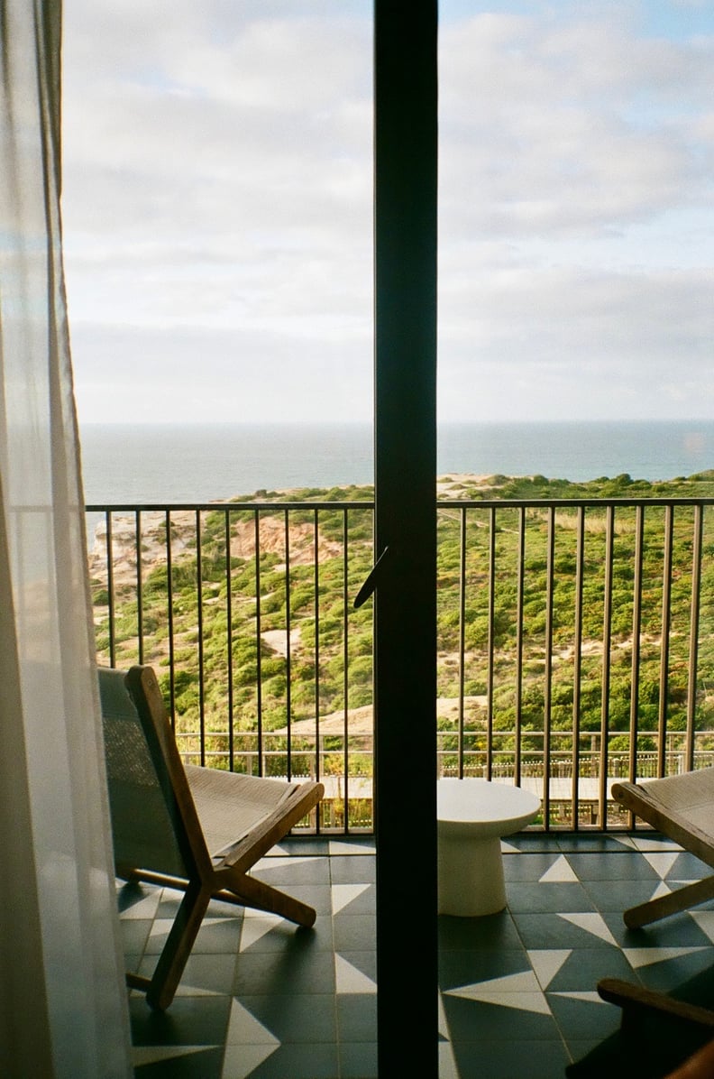 A photo shows an oceanview balcony at Aethos Ericeira hotel in Portugal.