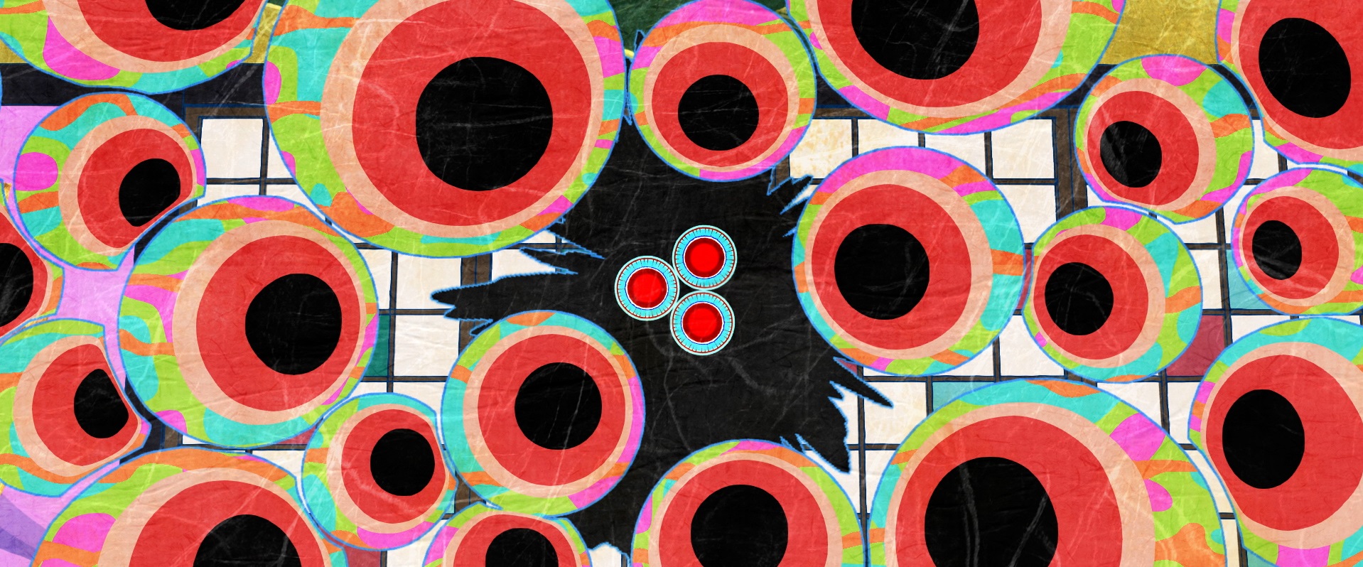 A highly stylized image from Mononoke the Movie: The Phantom in the Rain, with an indistinct, spiky black figure at the center, surrounded by 19 hovering, eye-like orbs with black pupils, red and pink banded sclera, and pastel banded orange and pink and blue vitreous bodies