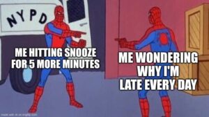 hilarious Spider-man pointing meme about hitting the snooze button