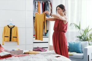 Woman trying on new clothes