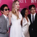 Jolie, with children Pax, Zahara and Maddox, at the New York Film Festival premiere of "Maria."