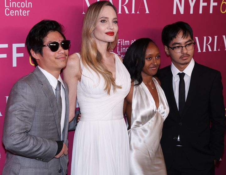 Jolie, with children Pax, Zahara and Maddox, at the New York Film Festival premiere of "Maria."