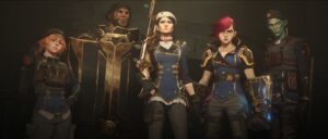 Vi, Caitlyn, and several other characters from Arcane season 2 stand in enforcer uniforms