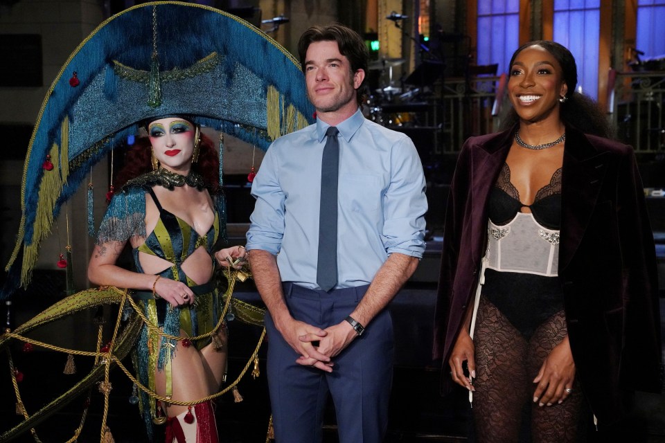 SNL guests Chappell Roan, from left, host John Mulaney, and Ego Nwodim