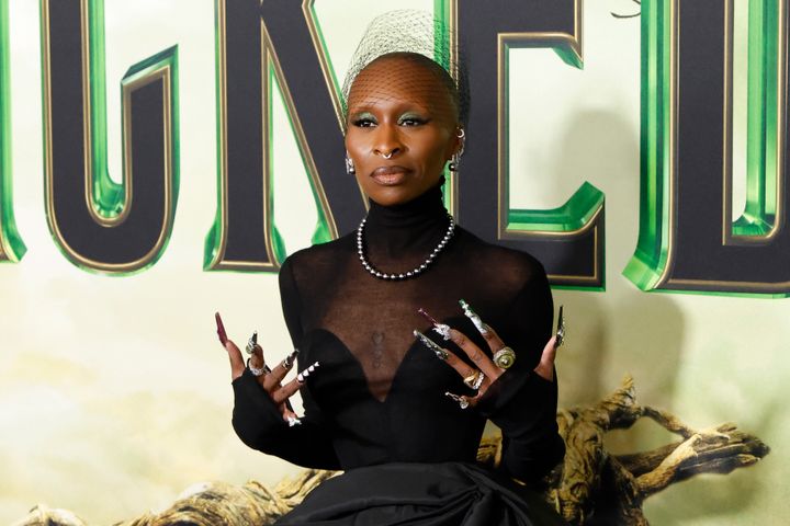 Cynthia Erivo shows off an acrylic manicure at the New York premiere of "Wicked."