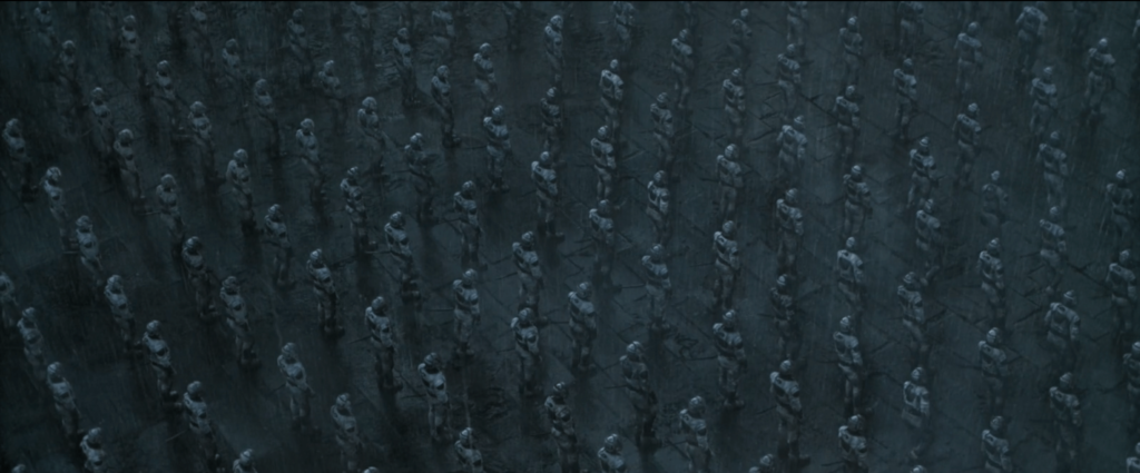 An overhead shot of the sardaukar standing in rows from Dune