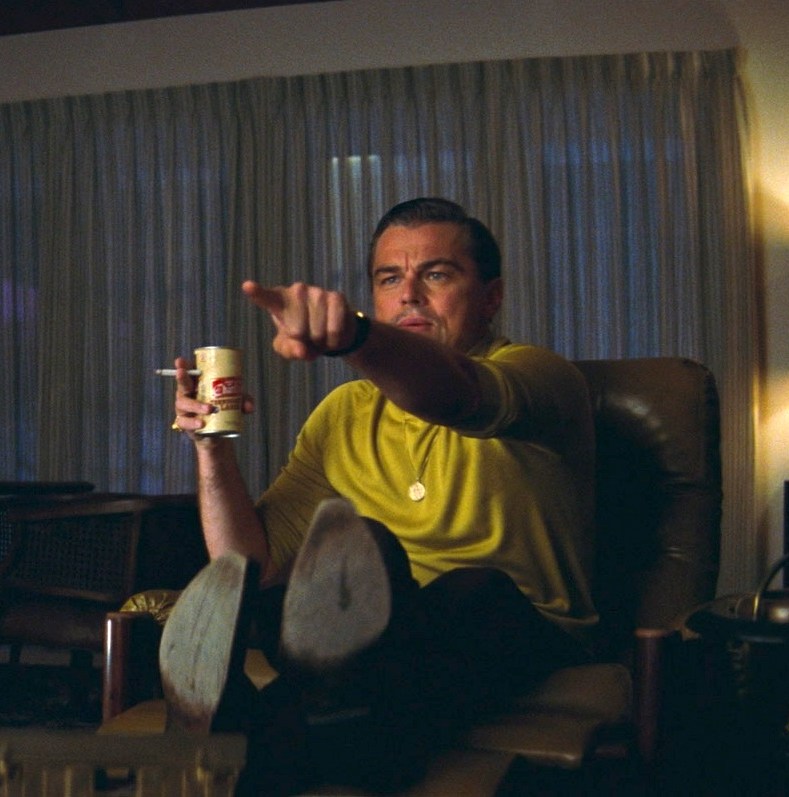 Once Upon a Time in Hollywood - Leonardo DiCaprio pointing at something off screen in an accusatory manner