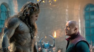 Krampus (played by Kristofer Hivju) towers over Dwayne Johnson in a still from 'Red One'.