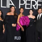 Adriana Paz, Karla SofÃ­a Gascon, Zoe Saldana, Selena Gomez and Edgar Ramirez arrives at the Los Angeles Premiere Of Netflix's "Emilia Perez"